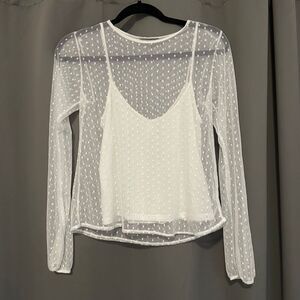 Bershka White Sheer lace Dot Long Sleeve Top‎ Layered Look Size S